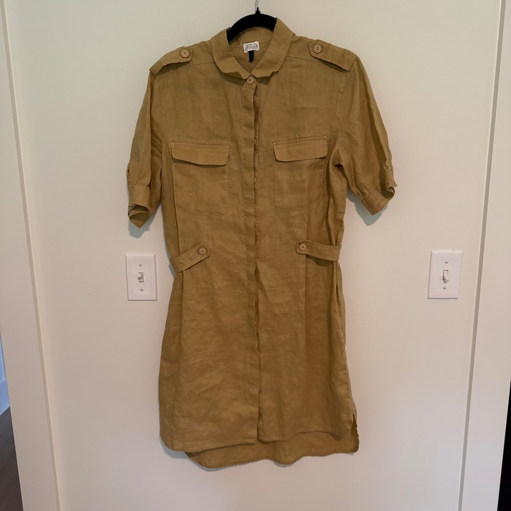 Stile Benetton Linen Utility Shirt Dress Tan Safari Button Front Short Sleeve